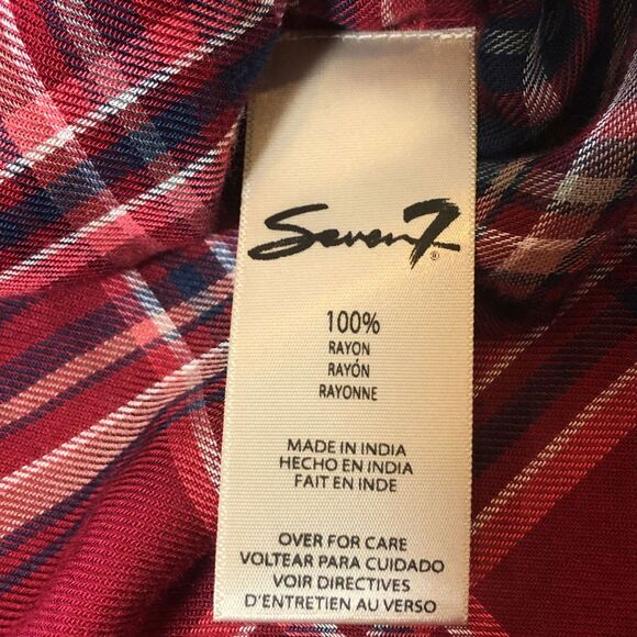 Seven7 Maroon Plaid Peasant Tie Neck Button Top SM - Picture 7 of 8